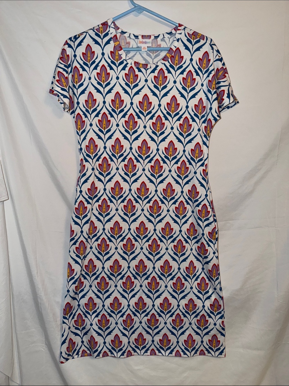 LuLaRoe White Midi Dress with Blue and Pink Floral Motif